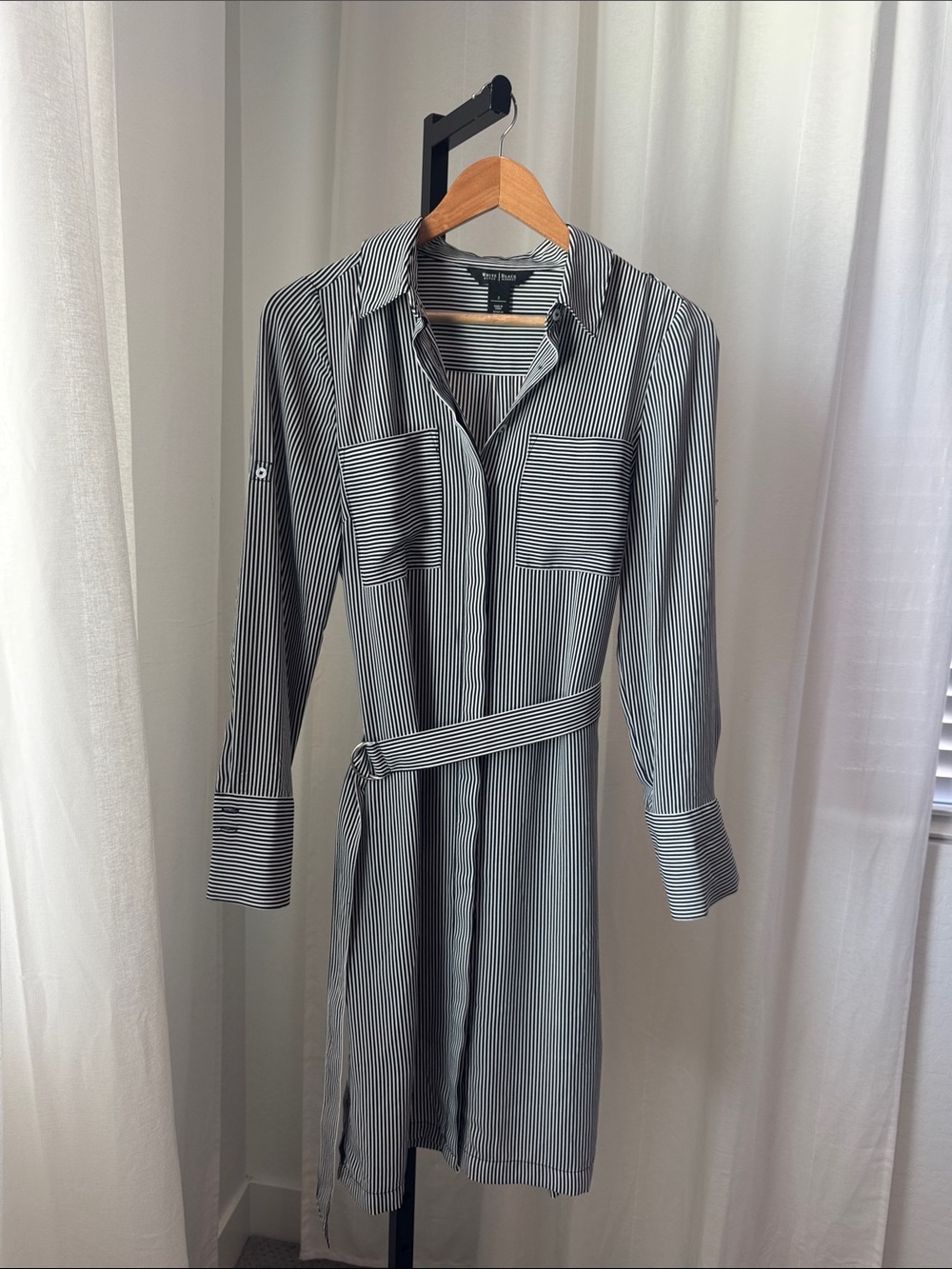 White House Black Market Striped Shirt Dress with Tie Belt - Black & White